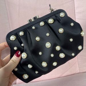 Aqua Black Clutch with Pearl Embellishments